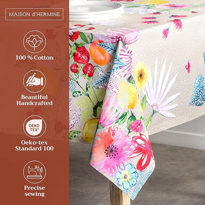 Maison d' Hermine Table Cloth Rectangle Table 100% Cotton 60 x 120 Inches Tablecloth Reusable Decorative for Dining Room Farmhouse Home Valentines Day Decorations Spring Summer - Jardin D'Ete - Fog