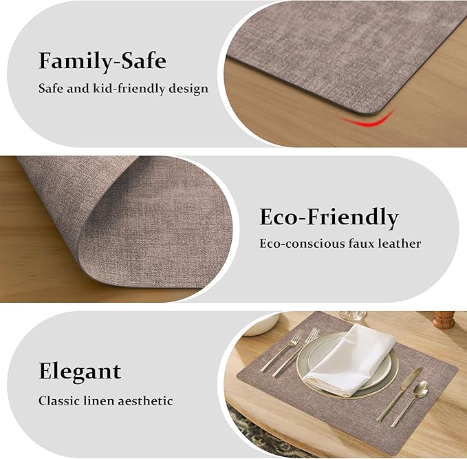FROMHEART Faux Leather Placemats Set of 4–Waterproof,Heat/Oil Stain-Resistant PU Table Mat–Reversible,Non-Slip,Easy to Clean Place Mats for Kitchen,Dining,Indoor/Outdoor,(Dark Coffee,11.8" x 17")