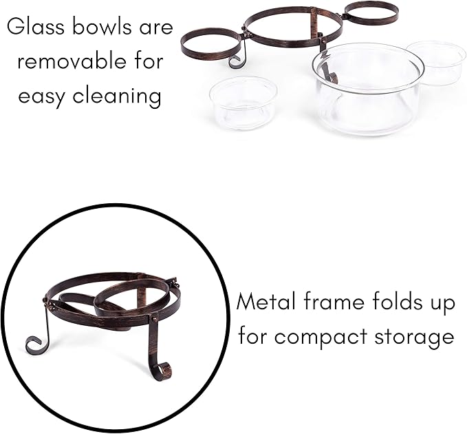 BIRDROCK HOME Chip and Dip Serving Bowl Set - Triple Glass Bowls with Metal Frame - for Party Appetizers, Taco Platter, Durable, Stylish Serveware with Compact Storage - Clear Glass, Black Frame