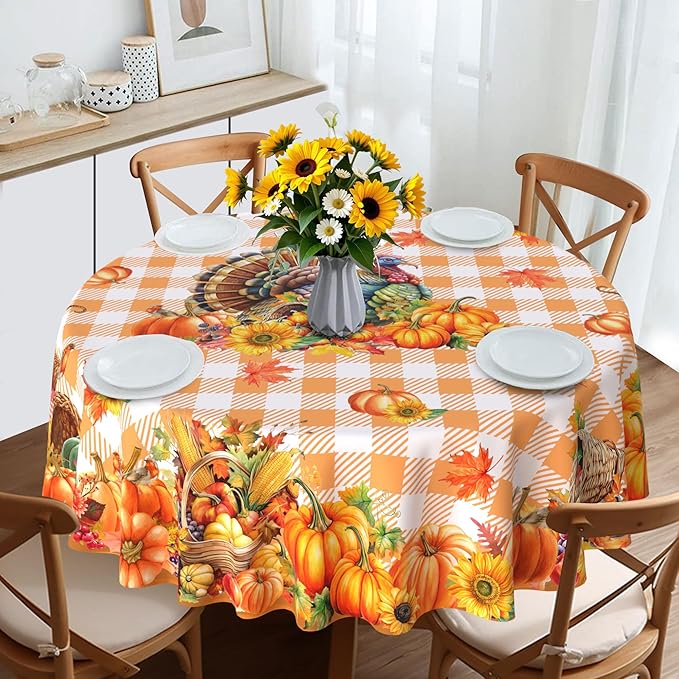 Thanksgiving Tablecloth Round 70 Inch, Turkey Pumpkins Table Cloth Holiday Indoor Decor for Dining Room Party
