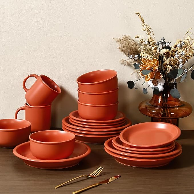 GZG Vintage Series - Ceramic Dinnerware Set for 8, 24 Pieces Stoneware Plates and Bowls Set, Lead-Free, Handcrafted Dishes Set, Microwave & Dishwasher Safe - Terracotta Red