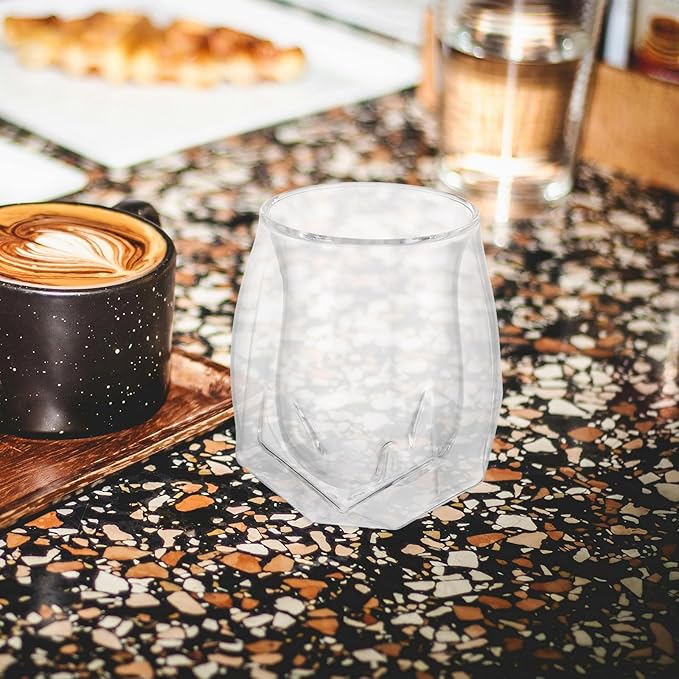 Double Layer Insulated Whiskey Glass with Unique Pentagonal Base, Small European Style Ribbed Glassware for Home Bars and Friendsgiving Cocktails