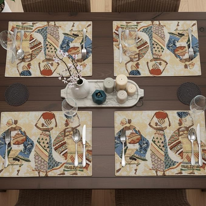 DaDa Bedding Dancing Women Tapestry Dining Table Placemats - Set of 4-Pieces Festive Celebrate Kwanzaa - Tribal African Tribal Culture - Decorative Cotton Linen Woven Kitchen Mats - 13” x 19” (18117)