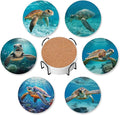 Drink Coasters for Drinks Set of 6,Sea Turtles Absorbent Round Ceramic Stone Mat Coaster, with Cork Base and Metal Holder, Home Bar Decor House Warming Gift