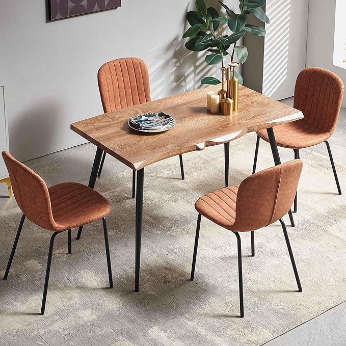 Rectangular Dining Table Set for 4 with PU Leather Chairs - Modern Kitchen Table and Chairs Set for Small Spaces - Brown