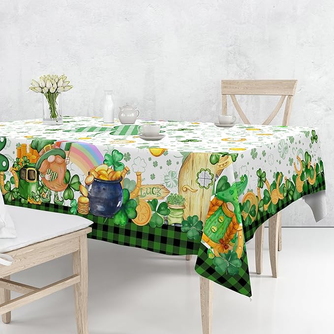 St Patricks Day Tablecloth, St Patricks Table Cloth Rectangle 60 x 104 with Shamrock Gnome, Saint Patricks Day Oblong Tablecloth Buffalo Check Plaid Kitchen Table Cover for Dining Room Indoor Decor