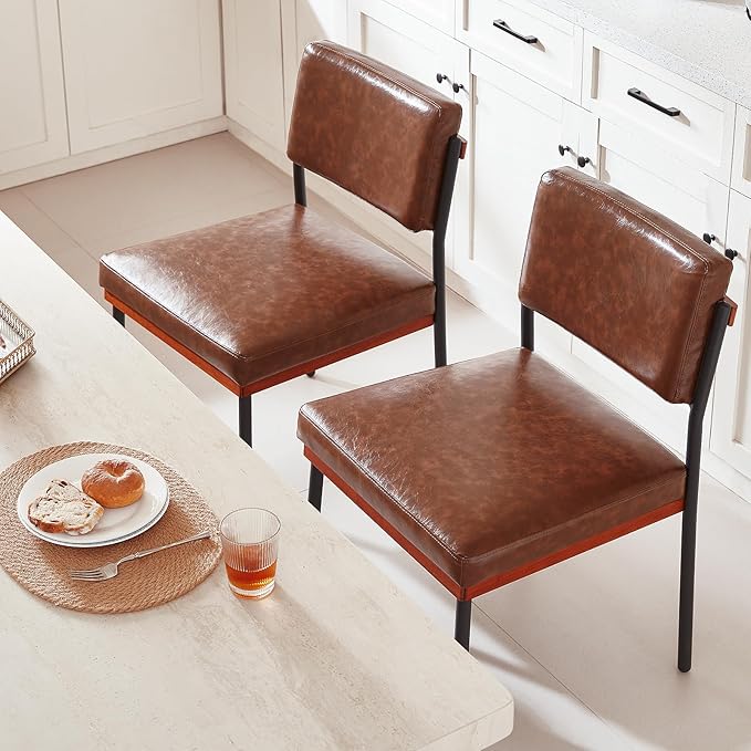 Modern Dining Chairs Set of 4, Kitchen Chairs with Thick Cushions and Adjustable Foot Pads, Upholstered Faux Leather Dining Room Chairs with Sturdy Metal Legs,Coffee