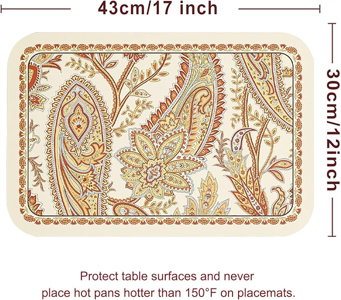 ISAENNE Designer Paisley PVC Placemats Set of 6,Classic Pattern Yelllow Rectangular Placemat, Waterproof and Heat-Resistant Paisley Style, Decoration for Kitchen, Party,Dinning,New Year,12"*17"