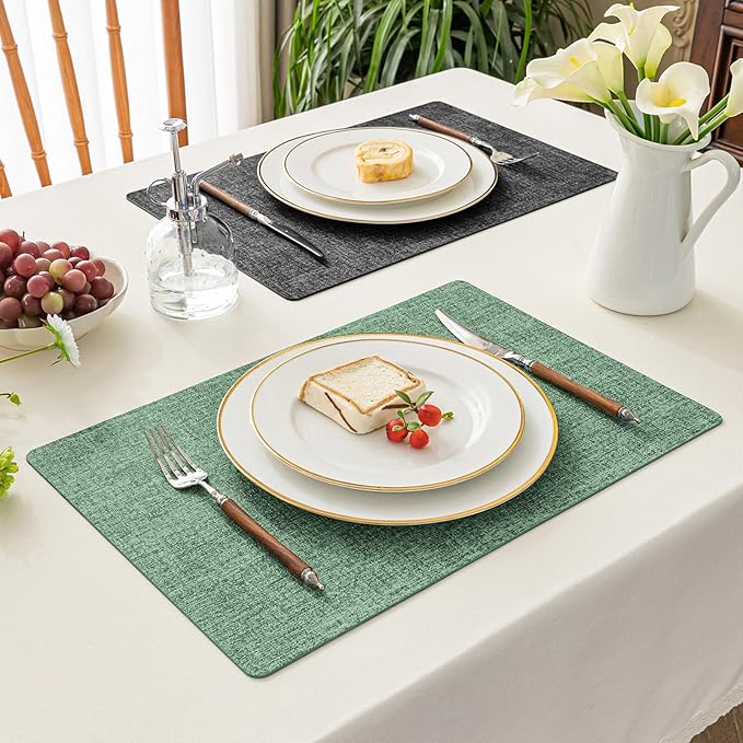 Romanstile Reversible Vinyl Placemats Set of 4, Faux Leather 100% Waterproof Oil-proof Wipeable Place Mats, Heat Resistant Dual Sided Table Mats for Kitchen/Dining/Party (Grey DarkGreen, 12 x 17 Inch)