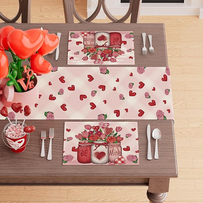 XCHI Roses Flowers Love Hearts Vase Valentine’s Day Placemats Set of 4 Table Mats for Party Home Kitchen Dining Table Decorations 12x18 Inch