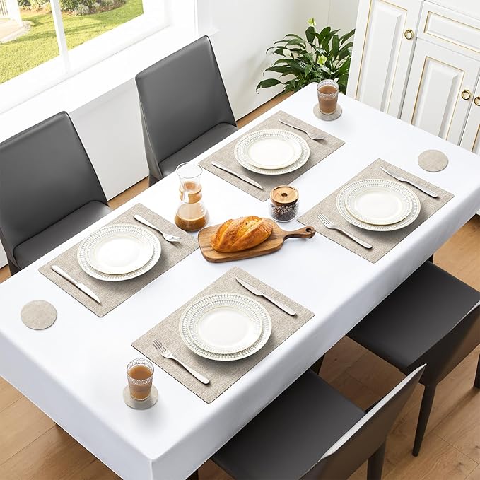 MOSAYT Faux Leather Placemats Set of 12, Heat Resistant Vinyl Place Mats with Coasters, Wipeable Washable 100% Waterproof Oil Proof Table Mat for Kitchen Dining Party Indoor Outdoor, 12" x 17", Beige
