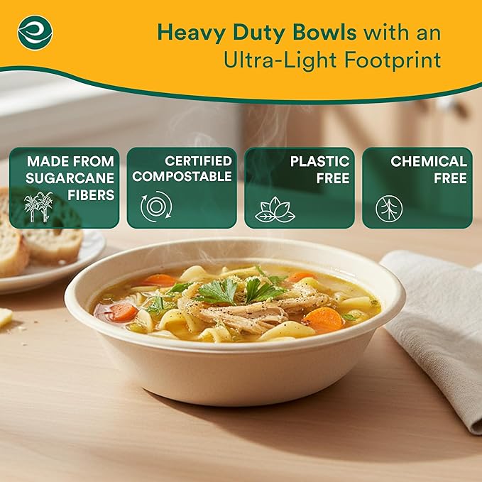 ECO SOUL 100% Compostable 24 Oz Soup Bowls [100-Pack] Disposable Sturdy Bowls I Heavy Duty Paper Bowl I Eco-Friendly Salad Bowl I Biodegradable Large