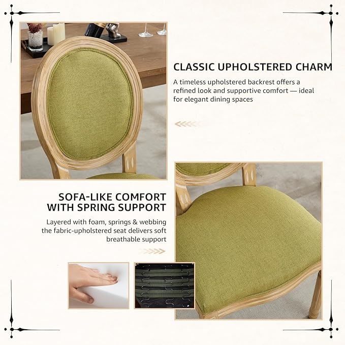 Vintage French Dining Chairs Set of 4, Round Back Upholstered Accent Chairs in Linen Fabric with Solid Wood Frame, Farmhouse Sillas de Comedor for Dining Room & Kitchen, Olive Green