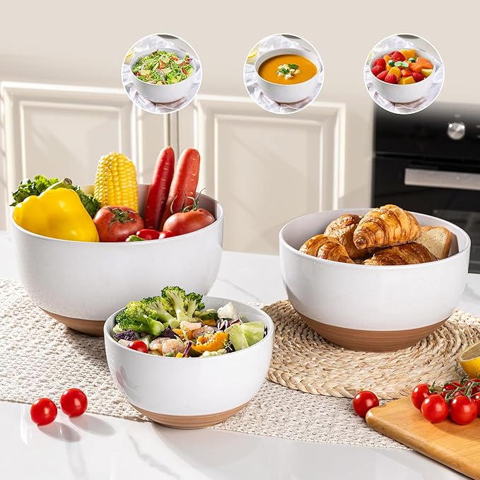 AmorArc Ceramic Mixing Bowls|Nesting Bowls Set of 3 for Kitchen|Stoneware Serving Bowls with Rustic Terracotta Underside for Mixing,Cooking,Baking,Salad| Microwave & Dishwasher Safe 4.6/2.8/1.3 Qt