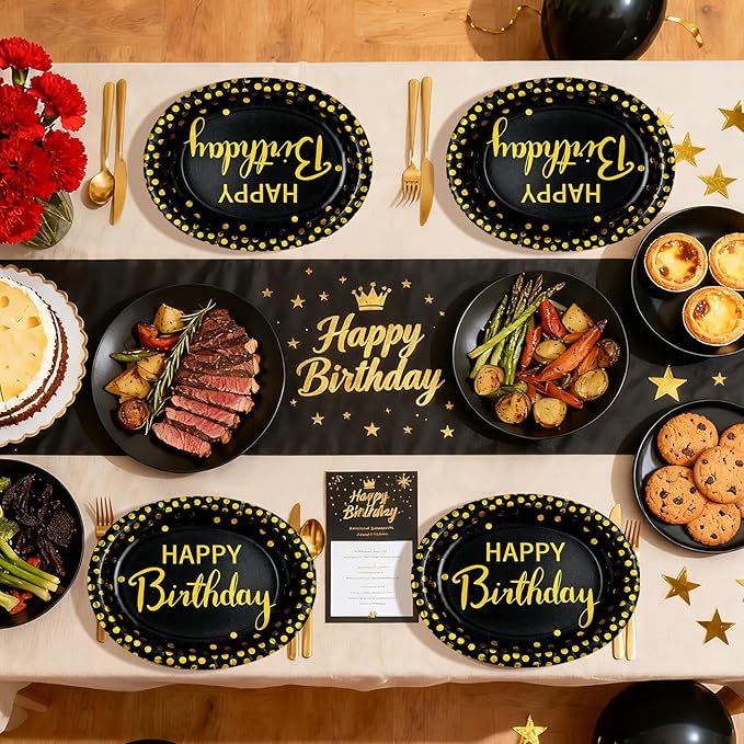 50Pcs Black and Gold Birthday Oval Paper Plates 10" x 12" Large Heavy Duty Disposable Black Gold Happy Birthday Decorations Golden Dessert Party Plate for Women Men Winter Xmas Holiday Party Supplies
