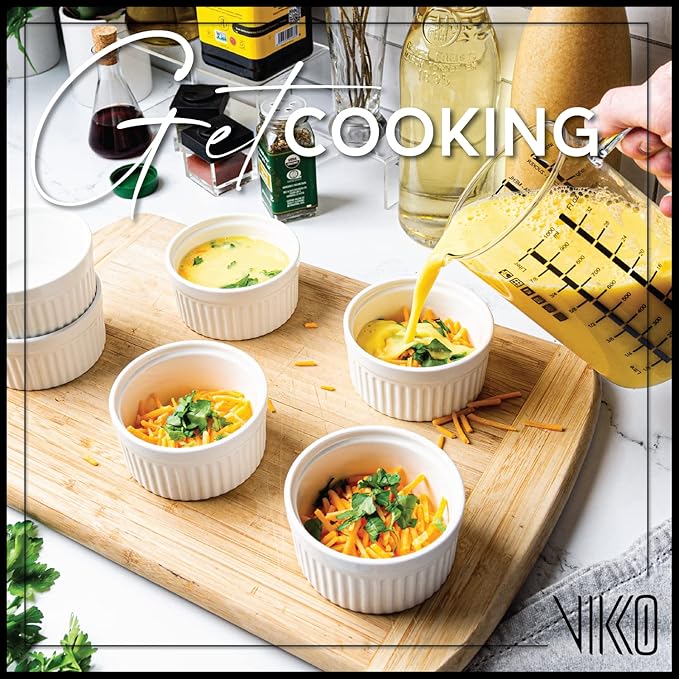 Vikko White Ramekin, Set of 4 Fine Porcelain Ramekins, Stackable 4 Inch Bowls, 7 Ounce Dips Dish, Dishwasher Safe