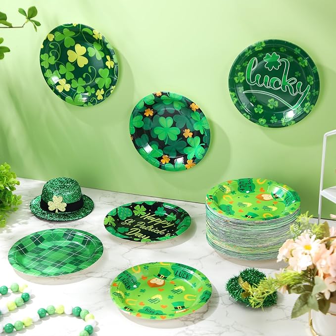Umigy 120 Pieces 7 Inch St. Patrick's Day Party Plates Green Shamrocks Dinnerware Happy Lucky Disposable Paper Dessert Plates for St Patrick's Day Party Decorations Supplies, 6 Styles
