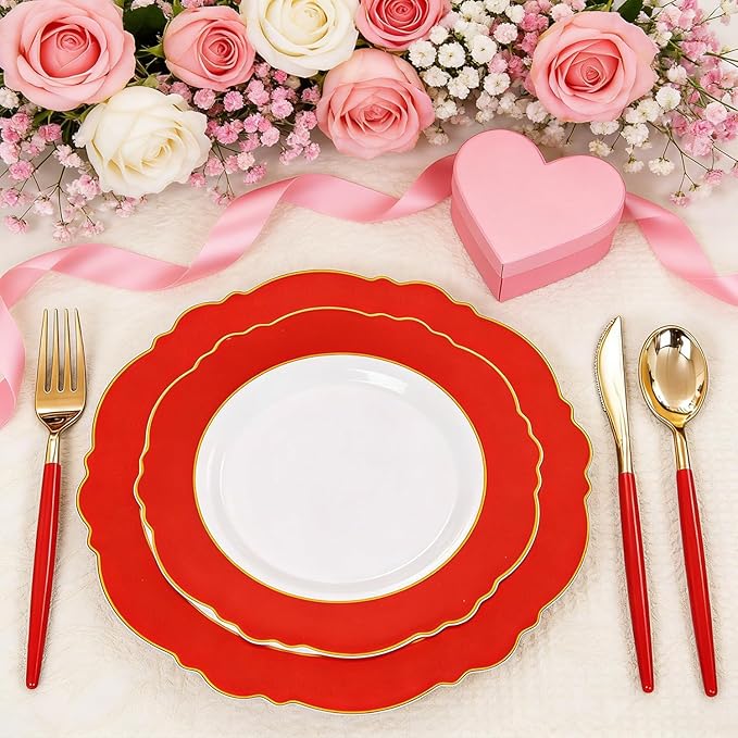WDF 60pcs Red Valentines Plates Disposable - 7.5inch Heavy Duty Red Dessert/Salad/Cake Plates for Valentine's Day