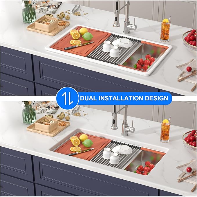 33 White Glossy Kitchen Sink 33''x19'' Undermount Fireclay Sink Single Bowl Porcelain Sinks Ceramic Deep Bowl Farmer Basin with Bottom Grid & Strainer Easy To Clean and Noise Reduction