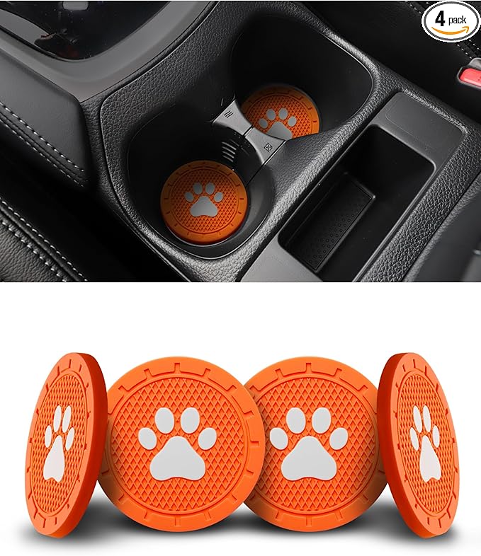 4 Pack Car Cup Coasters, Universal Dog Paw Print Non-Slip Silicone Cup Holder Inserts, Car Interior Accessories, Orange