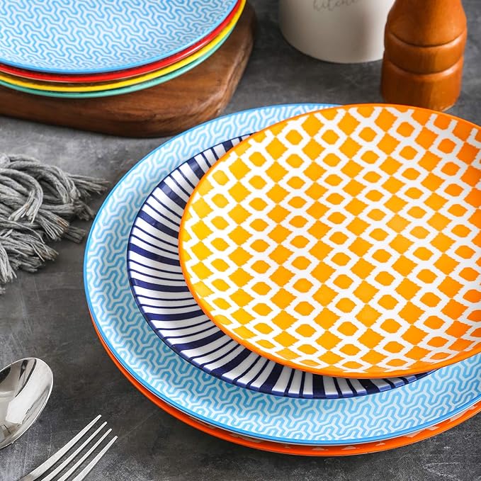 Selamica 10 inch Porcelain Dinner Plates, Large Size Serving Plate for Salad, Pancakes, Steak, Set of 6, Assorted Colors
