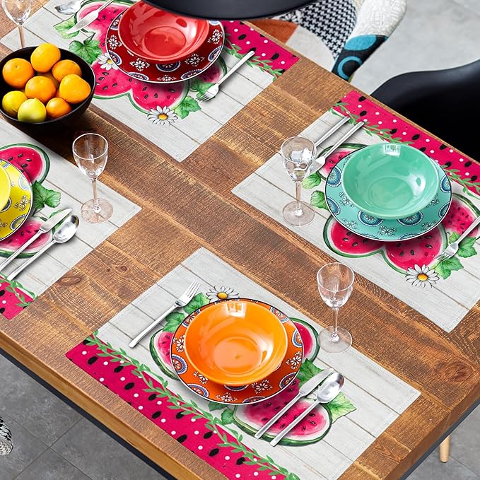 Watermelon Placemat for Table Dining Set of 4，Tropical Fruit Heat Resistant Washable Table Mats,White Daisy Table Dining Mat for Seasonal Party Kitchen Decor