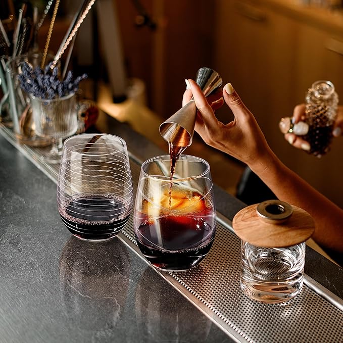 Joeyan Hand Blown Etched Stemless Wine Glasses with Strips Swirls Pattern for Red Wine,Large Carved Drinking Glass Cups Tumblers for Wedding Anniversary Party Home,Set of 2, 17.5 oz, Dishwasher Safe