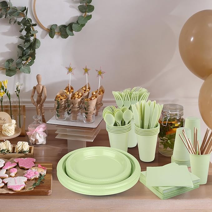 Kochorie 240 Pieces Sage Green Plastic Dinnerware Set Disposable Heavy Duty Plates Napkins Cups Silverware Dessert Dinner Plates for Birthday Wedding Baby Shower Party Supplies, Serves 30 Guests