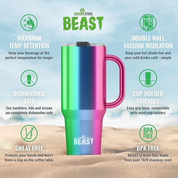 Beast 42 oz Tumbler with Handle Stainless Steel Vacuum Insulated Coffee Ice Cup Double Wall Travel Flask (Rainbow)