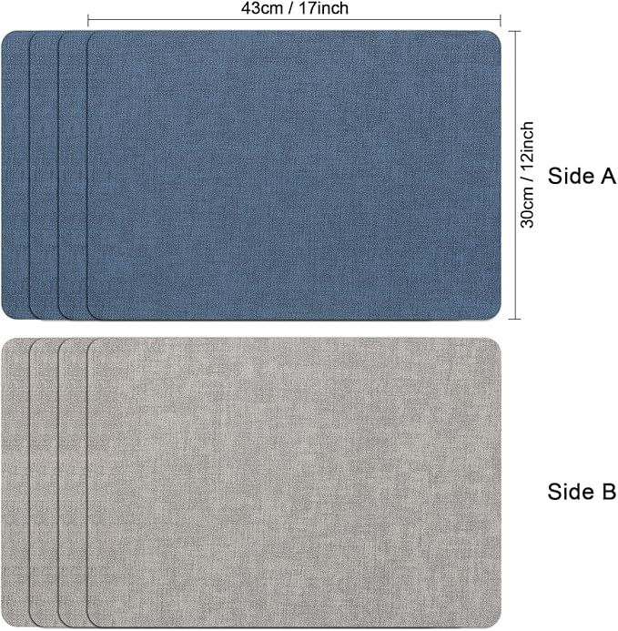 Myir JUN Reversible Vinyl Placemats Set of 6, Faux Leather Place Mats Dual Sided Waterproof Wipeable, Heat-Resistant Table Mats for Kitchen Dining Indoor Outdoor (12" x 17", Light Gray Navy Blue)