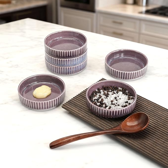 Ceramic Dipping Bowls Set of 6, 4oz Sauce Dishes, 3.74 Inch Diameter, Oxford White with Vertical Texture, Stackable & Dishwasher Safe (Purple)