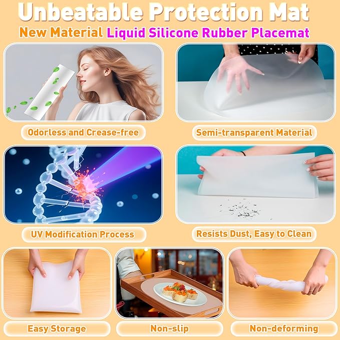 Oval Silicone Placemat Set of 4,Heat Resistant Placemats, Silicone Table Mats,Non-Slip Dining Mat for Home,Waterproof Easy Clean Kids Placemats,17"x12" Ultra-Thin Translucent (4Pcs, White)