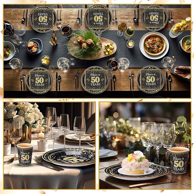 Pickmesh 250 Pcs 50th Birthday Disposable Tableware Set Black and Gold Cheers to 50 Years Disposable Paper Plates Napkins and Cups for 50th Birthday Wedding Anniversary Supplies Decorations