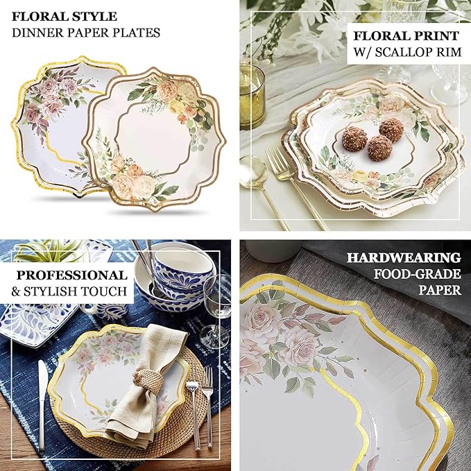 50 Pack 8" White/Rose Gold Floral Print Scallop Rim Dessert Plates, Disposable Round Paper Appetizer Salad Plates 300 GSM for Party Decoration