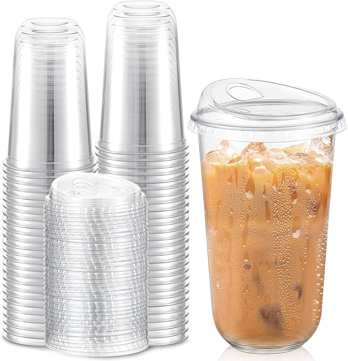 Baderke 50 Pcs Plastic Cups with Sip Lids Round Bottom Disposable Plastic Coffee Cups with Lids Clear Strawless Crystal Mugs for Iced Coffee Smoothie Cold Beverage Party Catering Supplies (18 oz)
