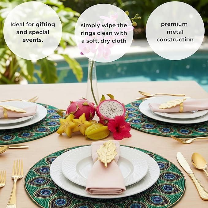 CLEENTABLE Metal Napkin Rings Set of 12, Metal Napkin Holder Cuffs for Dinner Table Décor, Thanksgiving Leaf Farmhouse Modern Serviette Rings for Christmas, Weddings, Receptions, (Gold)