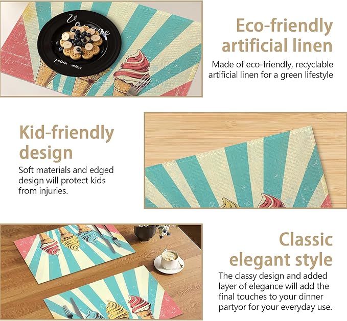 Vintage Ice Cream 12x18 Inch Placemats Set of 6 - Waterproof, Non-Slip & Washable Table Mats for Kitchen & Dining Table Placemats
