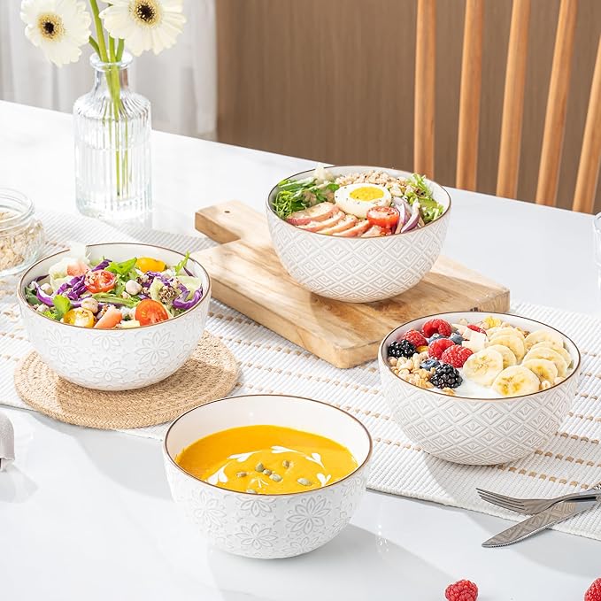 26 oz Ceramic Soup Bowls, Cereal Bowls Set of 4 – Oven & Microwave Safe French Onion Soup Bowls, Unique Embossed Patterns, Dishwasher Safe for Soups, Stews & Desserts