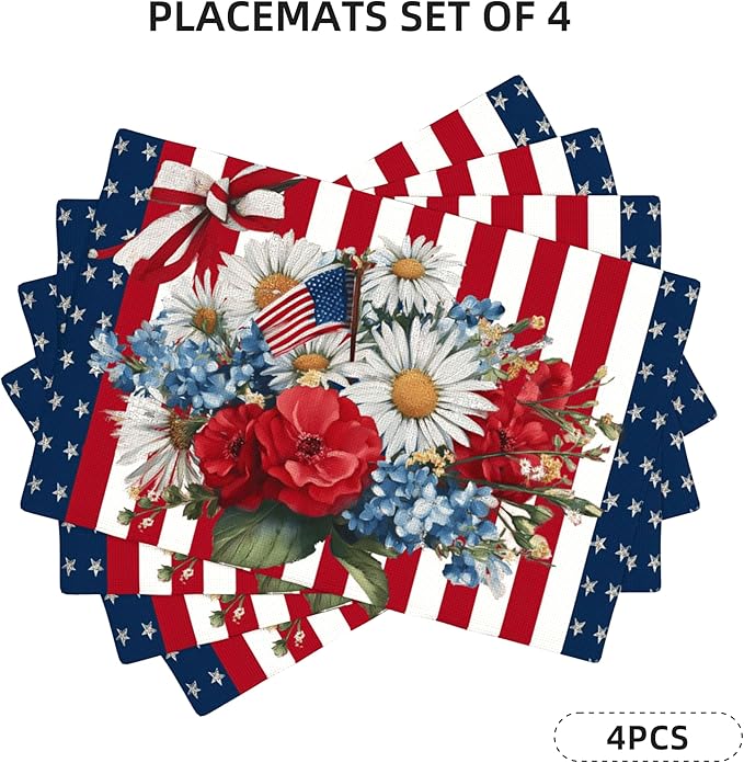 4th of July Placemats Set of 4 Washable Table Place Mats for Dining Kitchen Party Decor