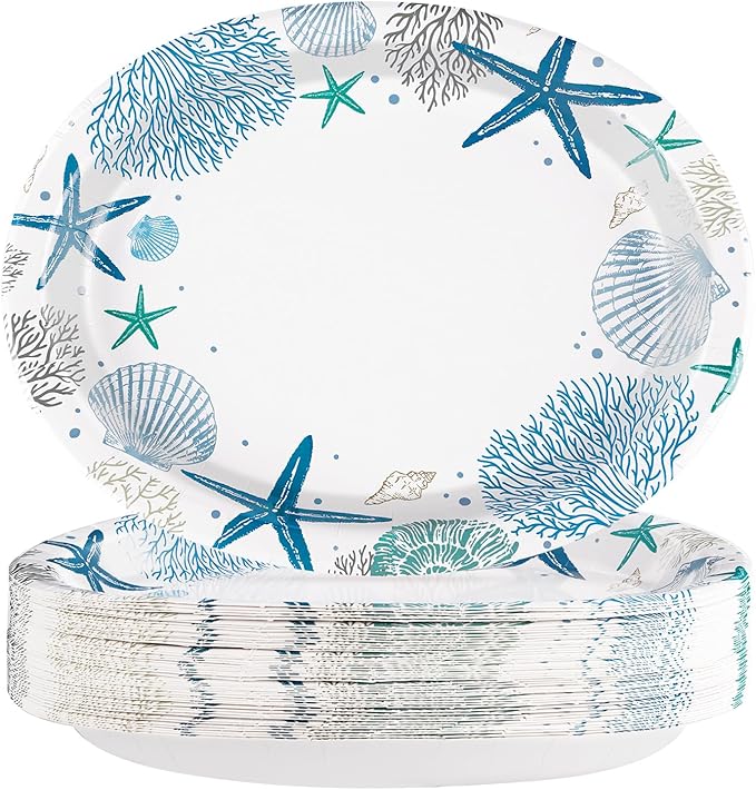 50Pcs Christmas Coastal Oval Paper Plates 10" x 12" Large Disposable Heavy Duty Blue Ocean Coral Starfish Seashell Platters Beach Sea Plate for Merry Xmas Holiday Dinner Birthday Table Party Supplies