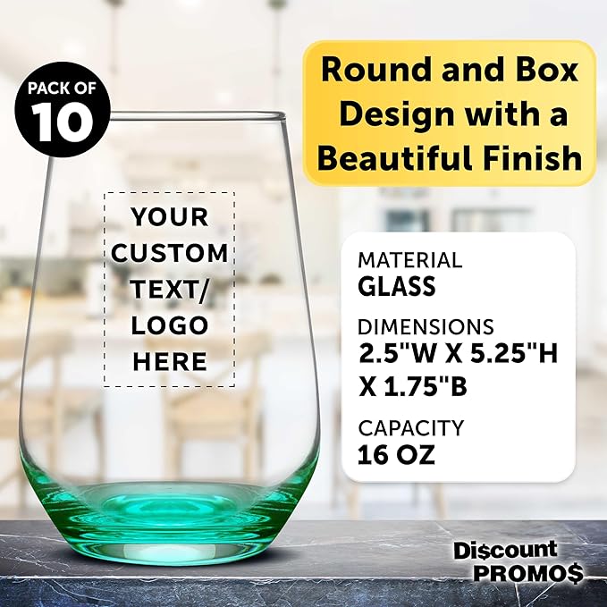 DISCOUNT PROMOS 10 Vaso Silicia Stemless Wine Glasses Set, 16 oz. - Personalized Text, Logo - Clear, Orb-Like, Thick base - Green