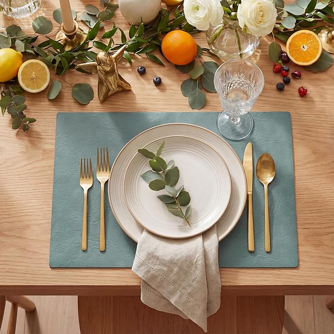 Artoid Mode Blue Faux Leather Placemats Set of 6, 12x18 Inch Waterproof Wipeable Heat Resistant Vinyl Place Mats, Reversible Table Mats for Winter Kitchen Dining Decor