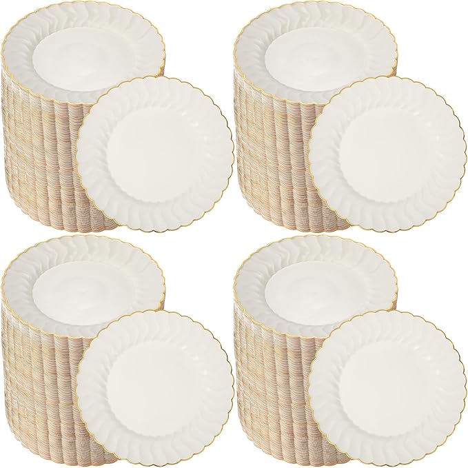 Mifoci 200 Pcs 7.5 Inch Ivory with Gold Rim Plastic Disposable Plates Bulk Salad Dessert Appetizer Cake Plates Elegant Fancy Plastic Tableware for Party Holiday, Wedding, Catering Table Decoration