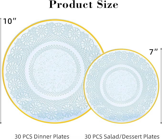 60PCS Blue Plastic Plates with Gold Rim, Lace Patterns Heavy Duty Disposable Plates Include 30 Dinner Plate 10 Inch and 30 Salad Plate 7 Inch for Party, Wedding, Transparent Blue