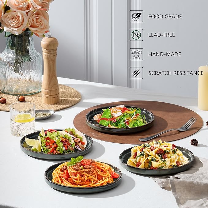 LIANYU Ceramic Dessert Plates Set of 6, 7.9 Inch Kitchen Dinner Plates Set, Porcelain Serving Dishes for Cake, Bread, Salad, Snack and Steak, Microwave, Oven and Dishwasher Safe, Ink Green