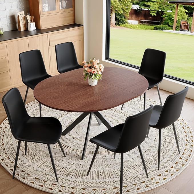 Round Dining Table Set for 6｜42"-54" Extendable Dining Room Table Set｜Wooden Kitchen Table with 6 Chairs｜Mid Century Modern Dinner Table Set with Cross Legs｜Easy Assembly｜Space Saving