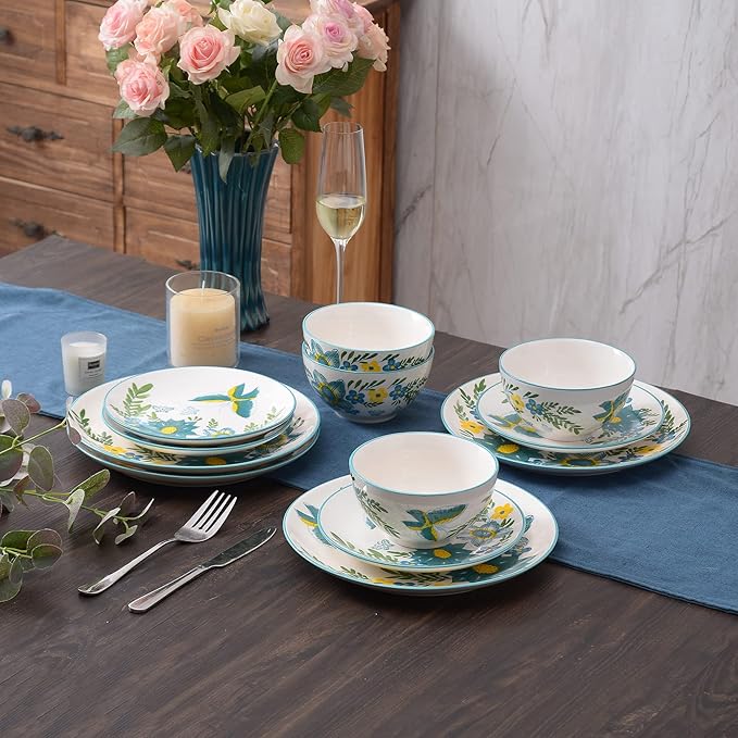 HomePop Ceramic 12-Pieces Dinnerware Sets,Dish Plates and Bowls Sets - Blue Turquoise
