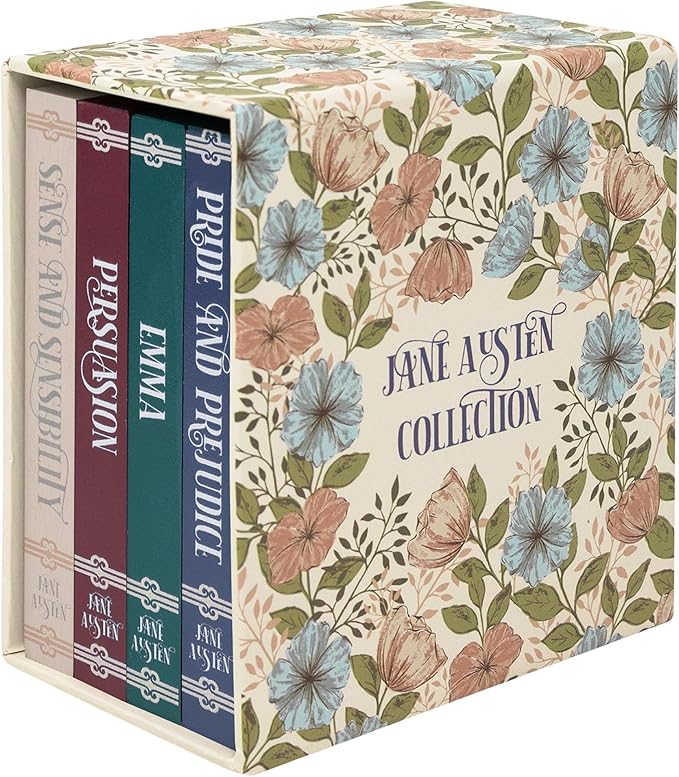 Steel Mill & Co Book Coaster Set of 4, Classic Wood & Cork Drink Coasters with Decorative Paper-Wrapped Storage Box for Aesthetic Coffee Table Decor for Book Lovers (Jane Austen)