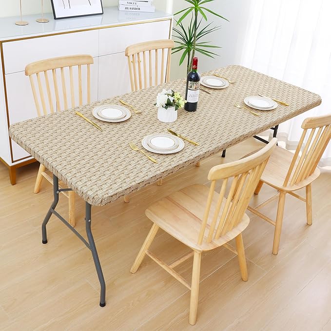 Smiry Rectangle Table Cloth Cover, Waterproof Elastic Fitted Picnic Tablecloth for 8 Foot Tables, Wipeable Flannel Backed Vinyl Tablecloths for Camping, Dining, Outdoor (Sand, 30" x 96")