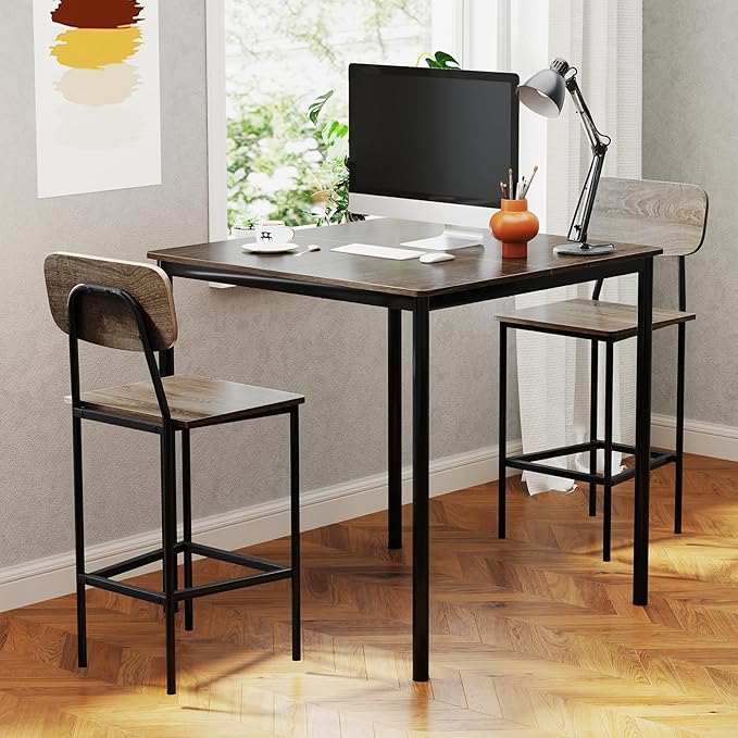 COSTWAY Dining Table Set for 4, 5-Piece Square Kitchen Nook Dinette Set with 4 Bar Stools with Footrest, Backrest, Space-Saving Design, Industrial Kitchen Table and Chairs for Apartment, Grey